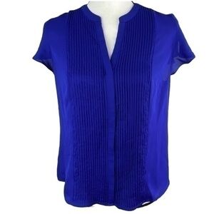 Covington Petite Top Short Flutter Sleeve Button Up Royal Blue Blouse